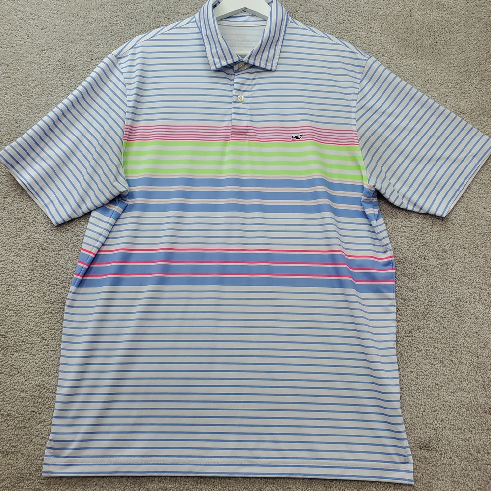Vineyard Vines Polo Shirt Mens Medium Blue Striped Preppy Performance Golf